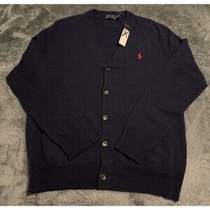 Medium Ralph Lauren Polo Men's BLUE Cardigan Sweater RED Pony 100% Wool (Merino)